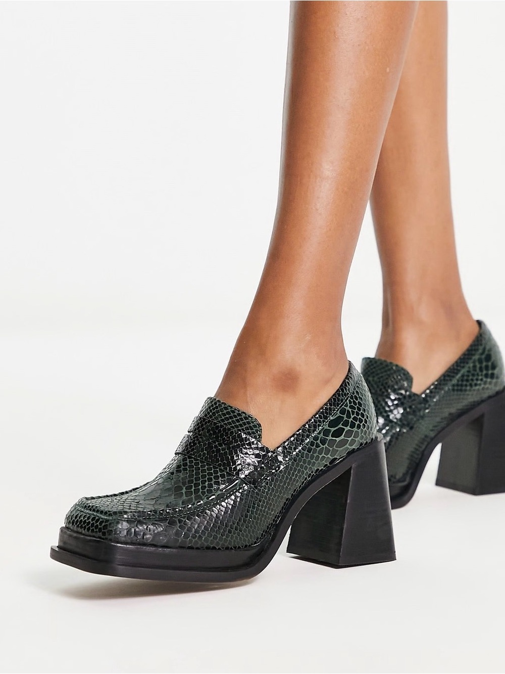 ASOS Paterson Leather Penny Loafers Green Snake Embossed 8 Block Heel Y2K Indie